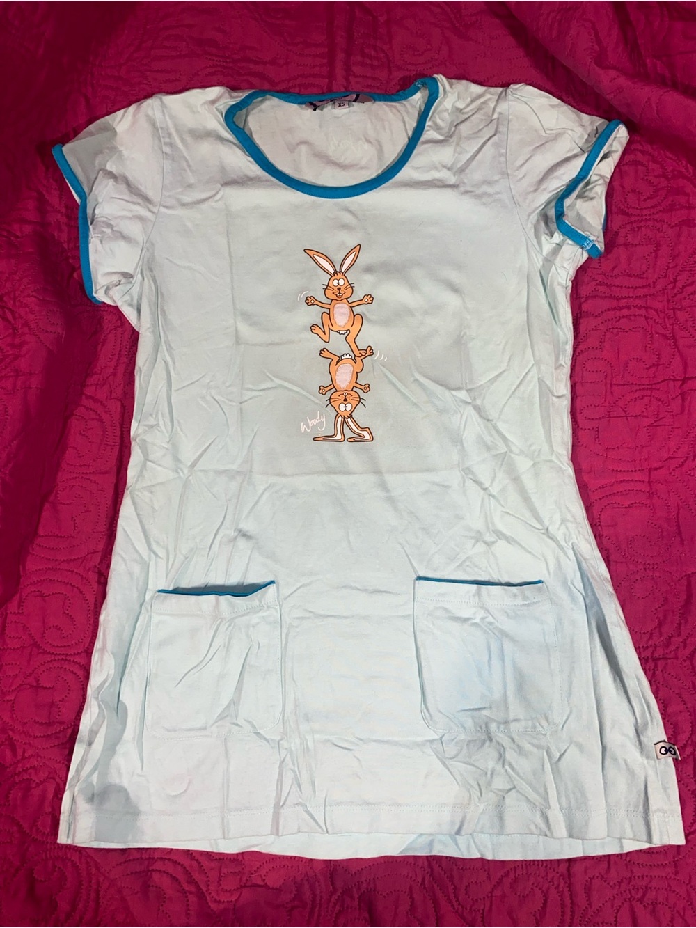 Light Blue Short Sleeve Tunic with Orange Bunny Graphic, XS